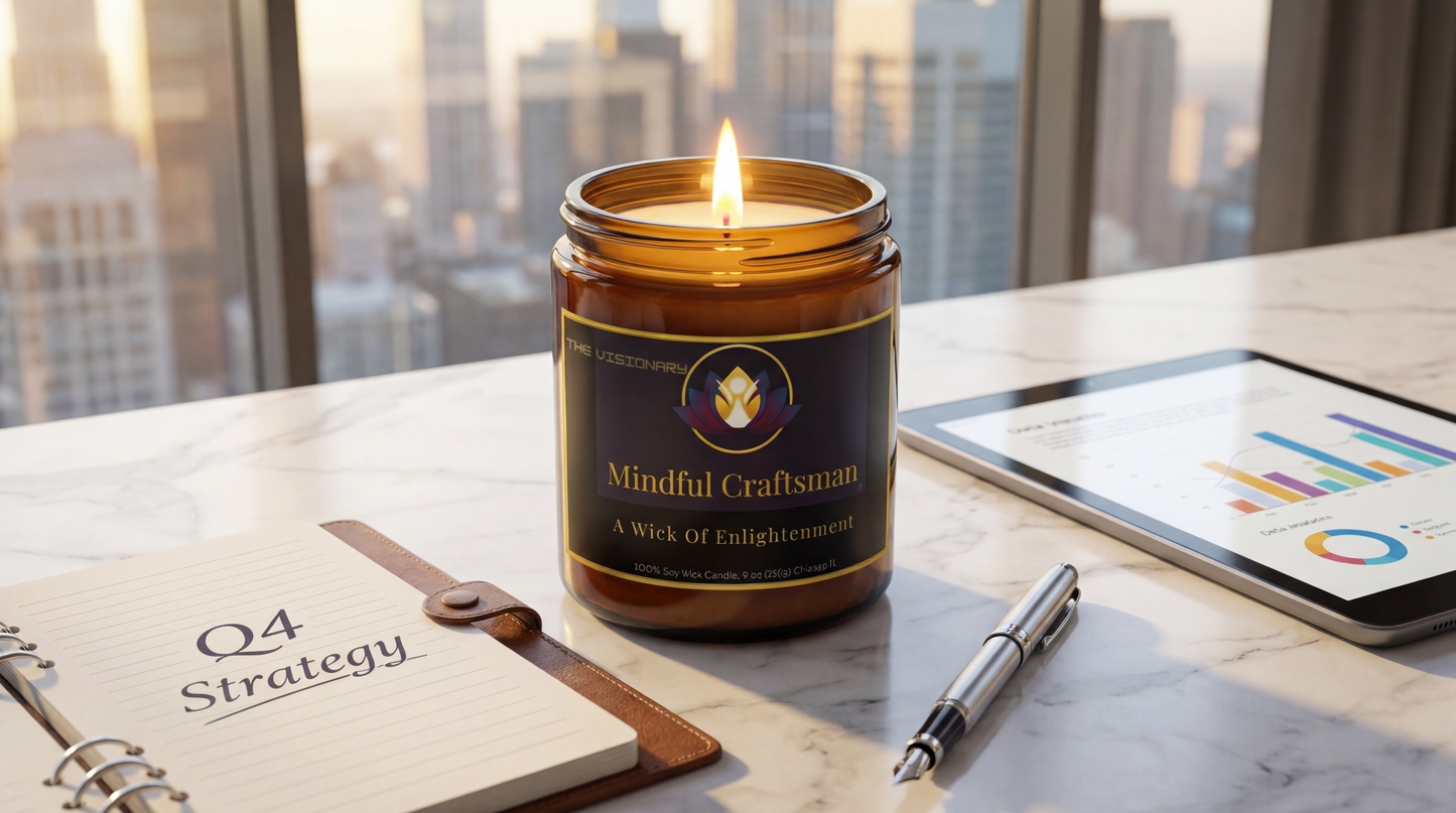 A lit 'The Visionary' Mindful Craftsman candle on a white marble desk, next to a silver fountain pen, a tablet with data charts, and a notebook open to 'Q4 Strategy' with a sunset city skyline in the background.