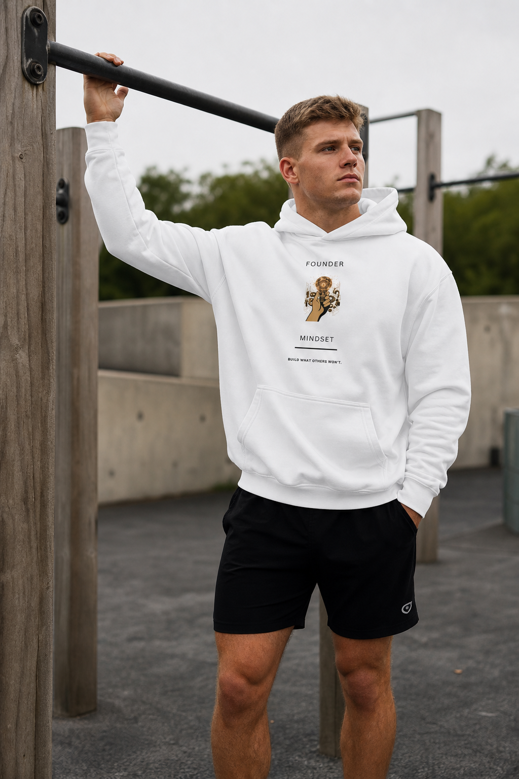 An athletic man wearing a white "Founder Mindset" graphic hoodie and black shorts holding onto an outdoor calisthenics pull-up bar.