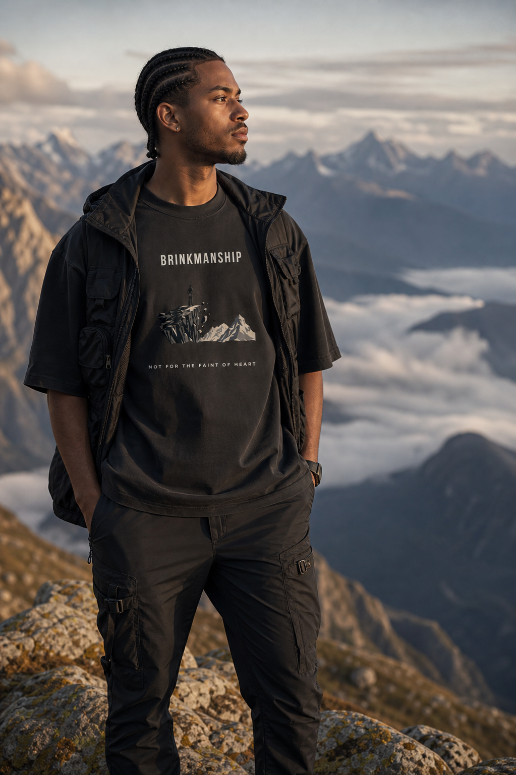 Man wearing a black "Brinkmanship" graphic t-shirt and open vest standing on a mountain peak with clouds below.