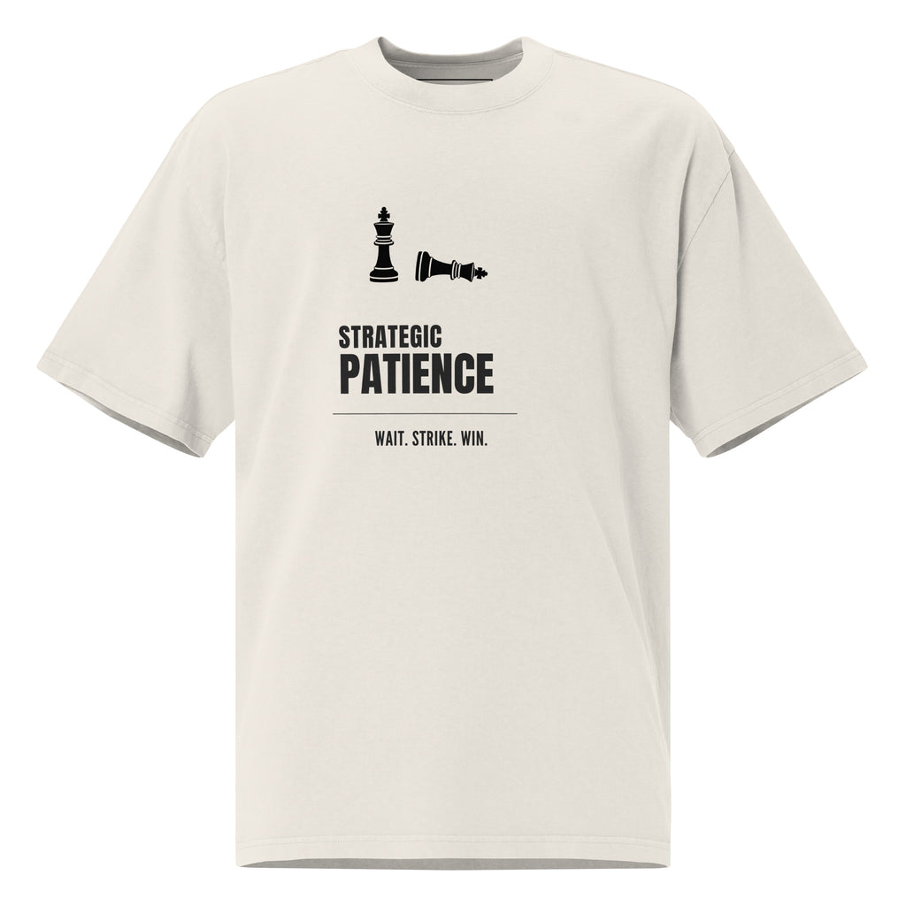 Off-white heavy cotton t-shirt featuring chess pieces and the text "STRATEGIC PATIENCE - WAIT. STRIKE. WIN." by Mindful Craftsman.