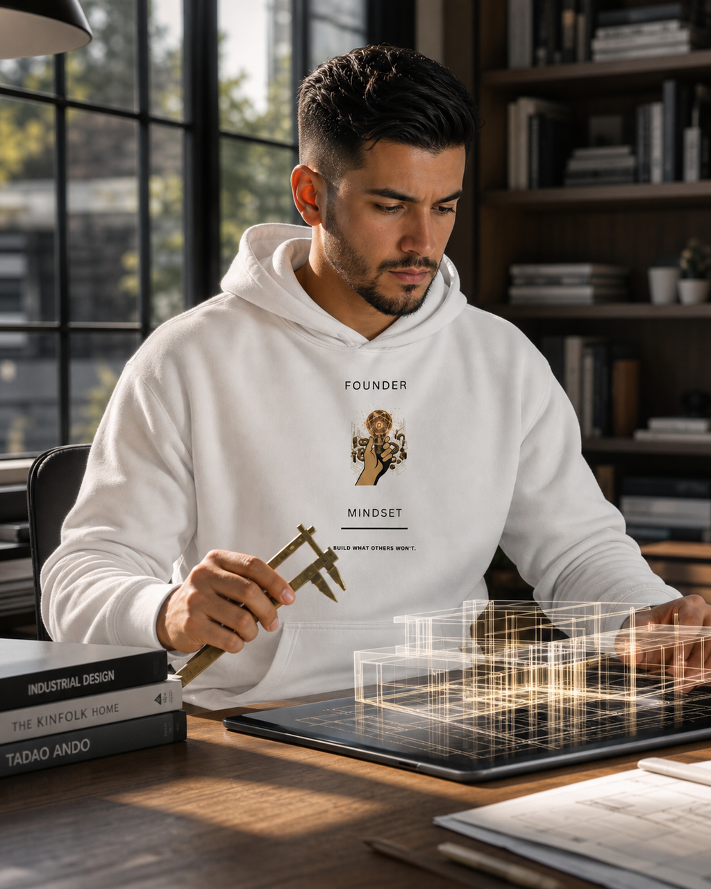 A man in a white "Founder Mindset" graphic hoodie sitting at a wooden desk using calipers near a digital tablet displaying a 3D architectural blueprint.