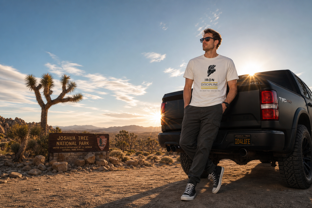 Man wearing the off-white "Iron Discipline" oversized t-shirt leaning against a black pickup truck at sunset in Joshua Tree National Park.