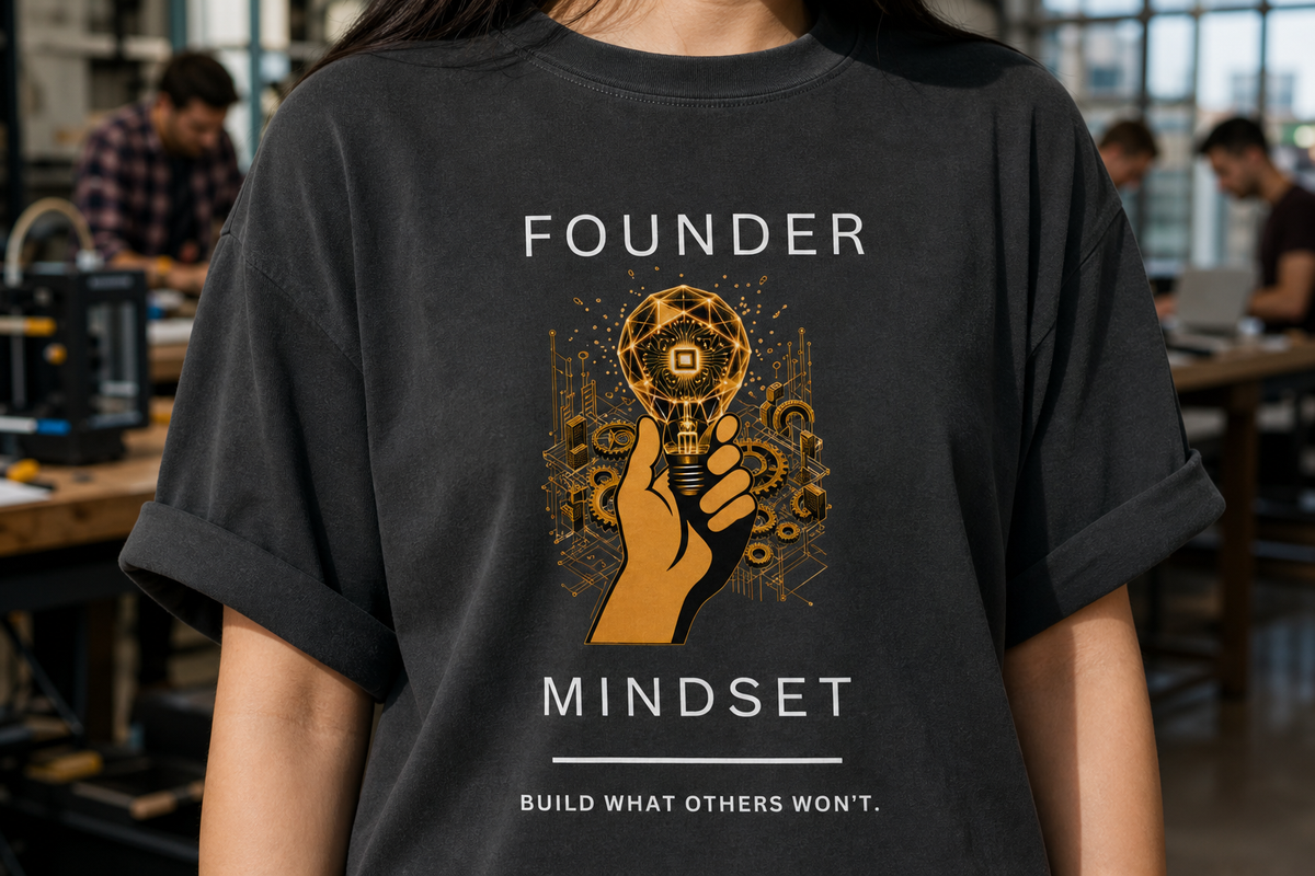 Here are optimized alt text options for this close-up chest shot:

Option 1: Concise & Descriptive (Recommended)
Close-up of a person wearing a faded black "Founder Mindset" graphic t-shirt with cuffed sleeves in a makerspace workshop.