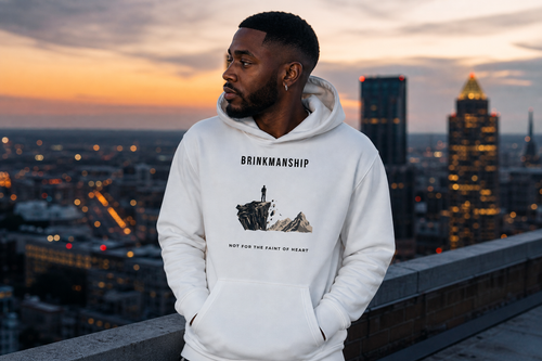 Man wearing a white "Brinkmanship" heavyweight hoodie standing on a rooftop with hands in pockets overlooking a city skyline at sunset.