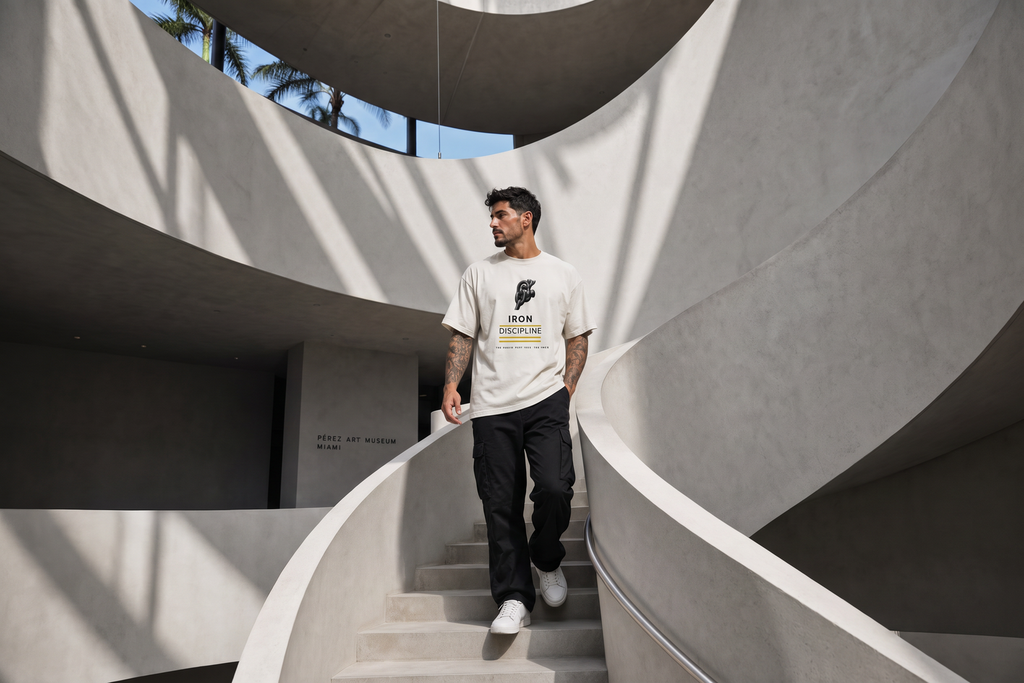 Man wearing the off-white "Iron Discipline" oversized t-shirt walking down a curved concrete staircase at the Pérez Art Museum Miami.