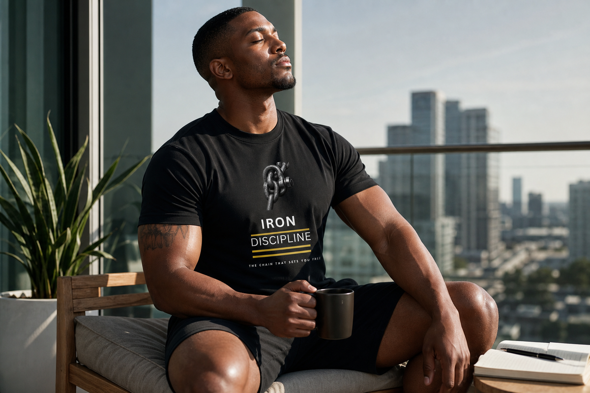 Man sitting in a chair on a high-rise balcony with a city skyline view, wearing a black graphic t-shirt printed with gold "IRON DISCIPLINE" text while holding a coffee mug.