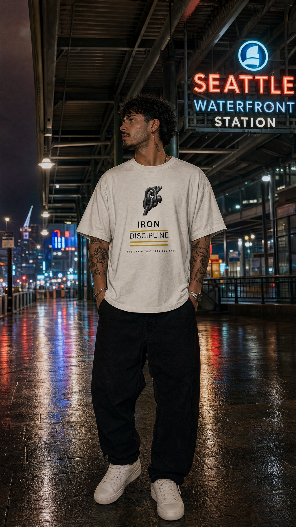 Man wearing the off-white "Iron Discipline" oversized t-shirt standing on a wet city walkway at night outside Seattle Waterfront Station.