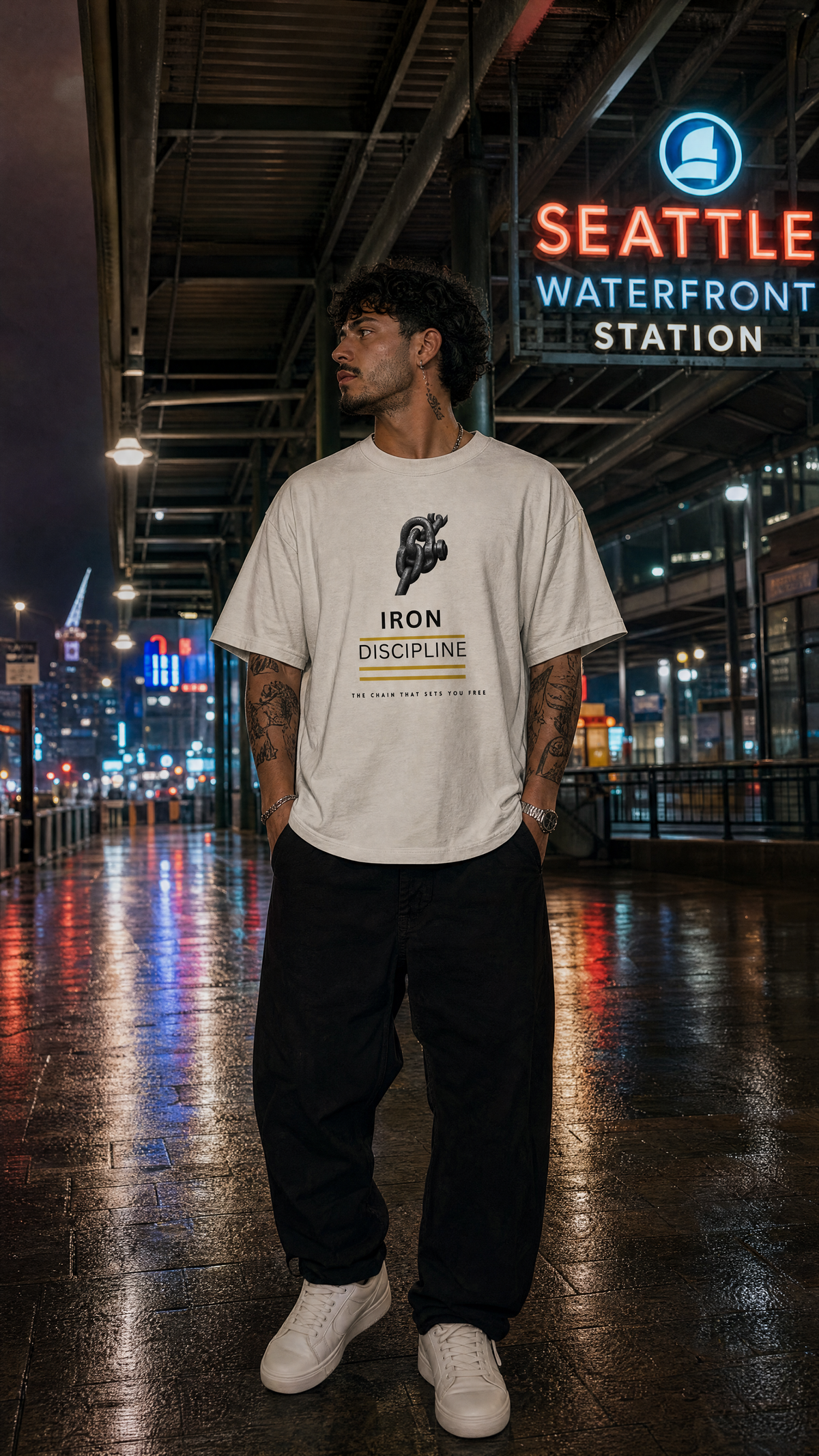 Man wearing the off-white "Iron Discipline" oversized t-shirt standing on a wet city walkway at night outside Seattle Waterfront Station.