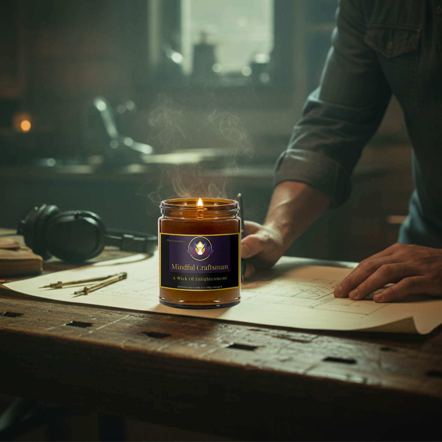 A lit Mindful Craftsman candle on a rustic wooden workbench in a dimly lit workshop, positioned next to technical blueprints, a compass tool, and headphones, with a craftsman in a denim shirt working in the background.