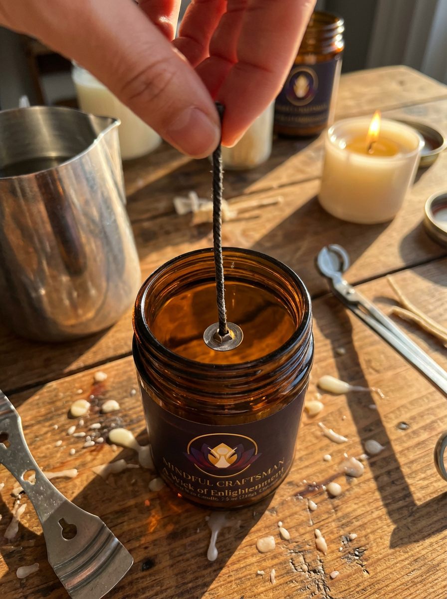 A craftsman's hands carefully centering a wick in an amber glass jar on a rustic wooden workbench.