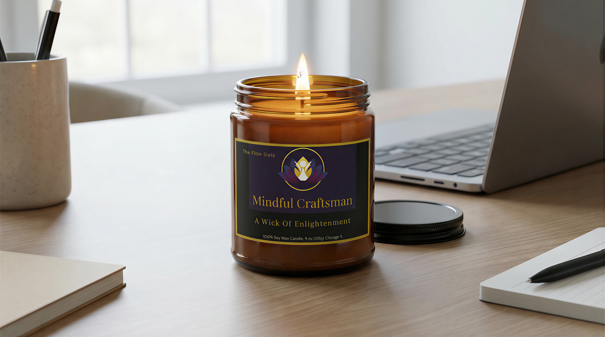 Wick of Enlightenment' candle centered on a clean, modern white desk next to a laptop and a notebook in a bright, high-performance office setting.