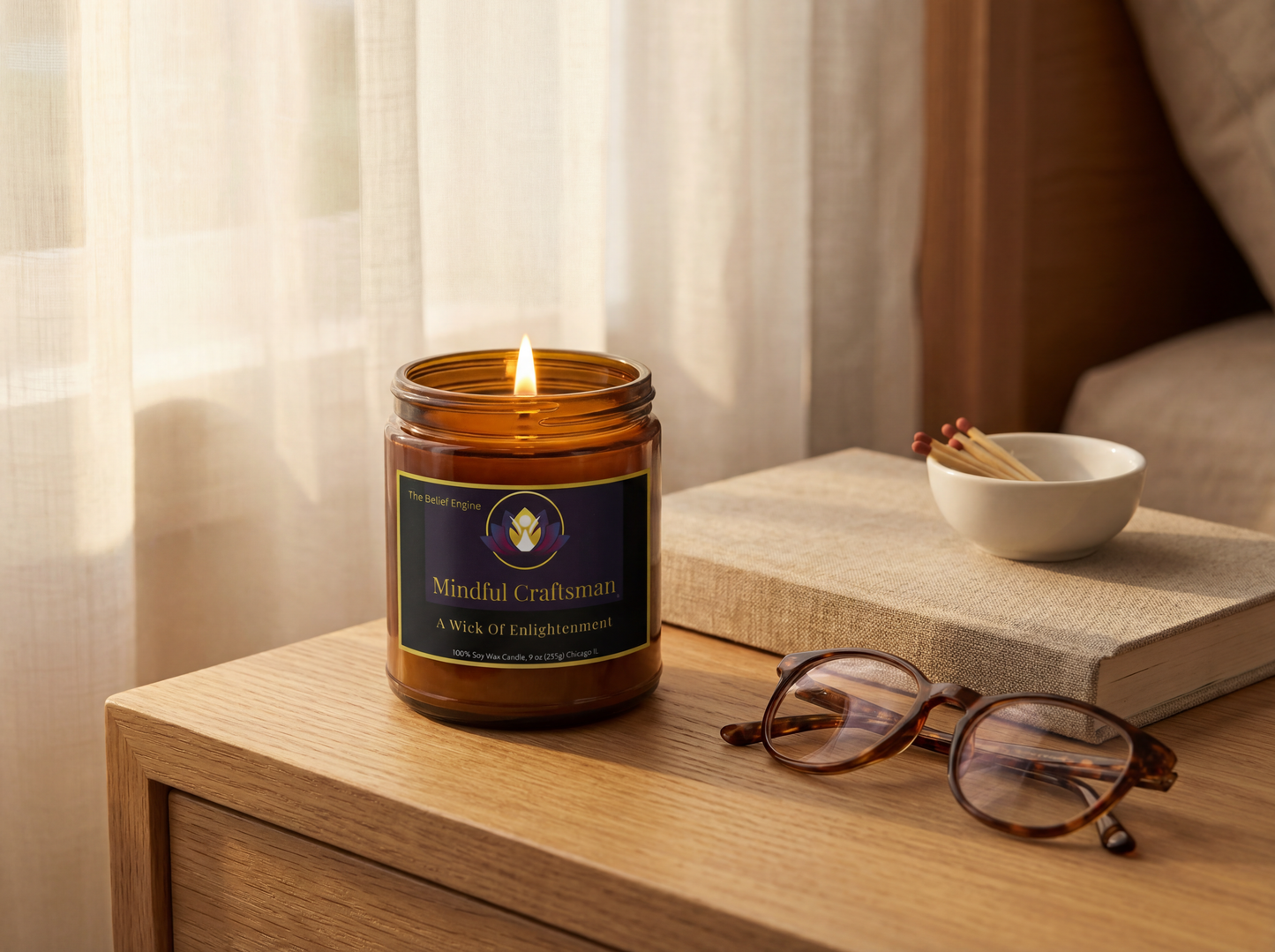 A lit 'The Belief Engine' amber glass candle on a light oak nightstand next to a pair of glasses and a ceramic bowl of matches, with soft morning sunlight filtering through sheer curtains in a peaceful bedroom.