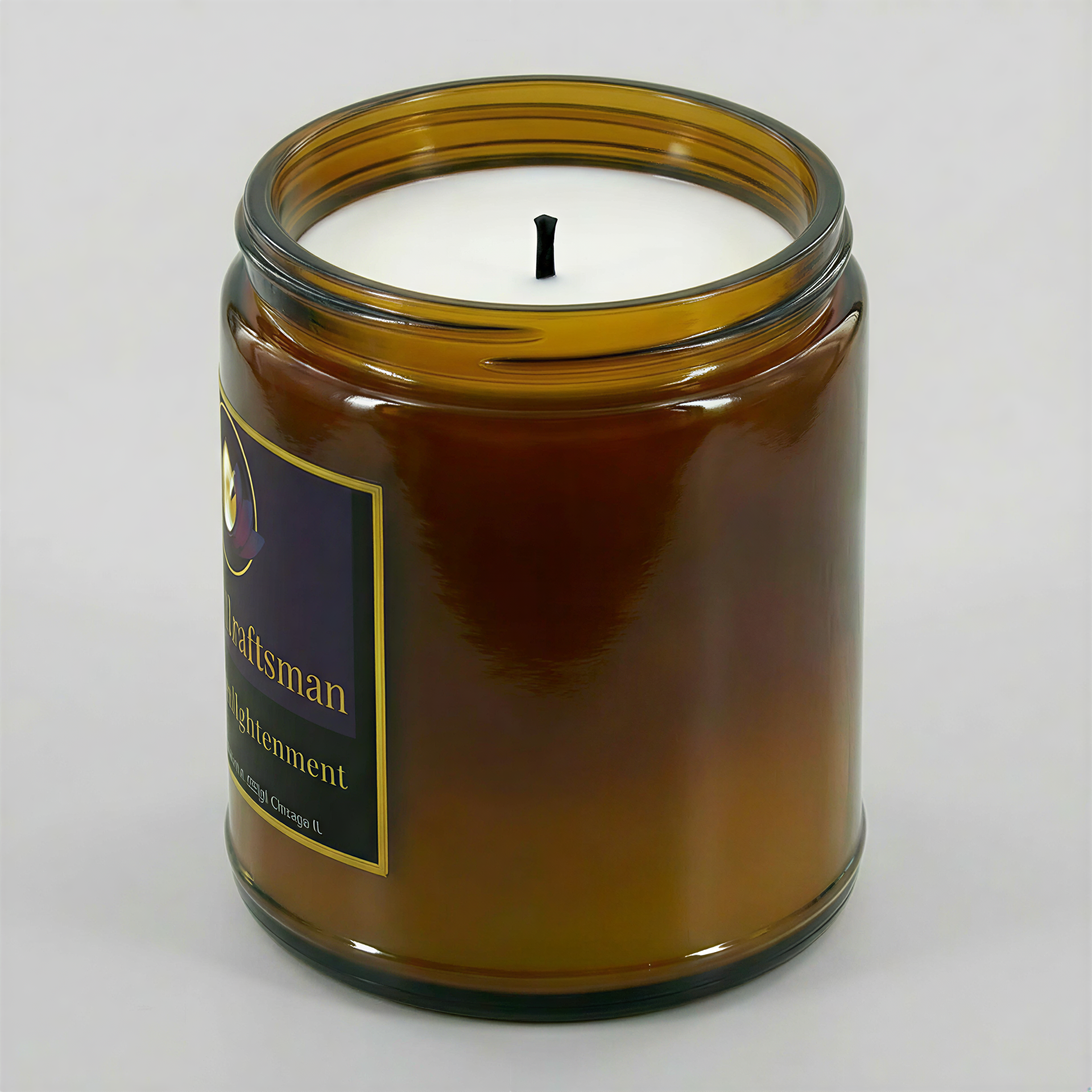 A side-angle view of a Mindful Craftsman amber glass candle jar showing the smooth, hand-poured white soy wax and a single black cotton wick on a clean white background.