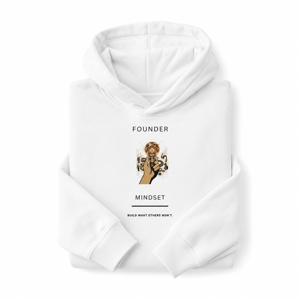 Neatly folded white "Founder Mindset" graphic hoodie on a plain white background, showing the chest design and "Build What Others Won't" tagline.