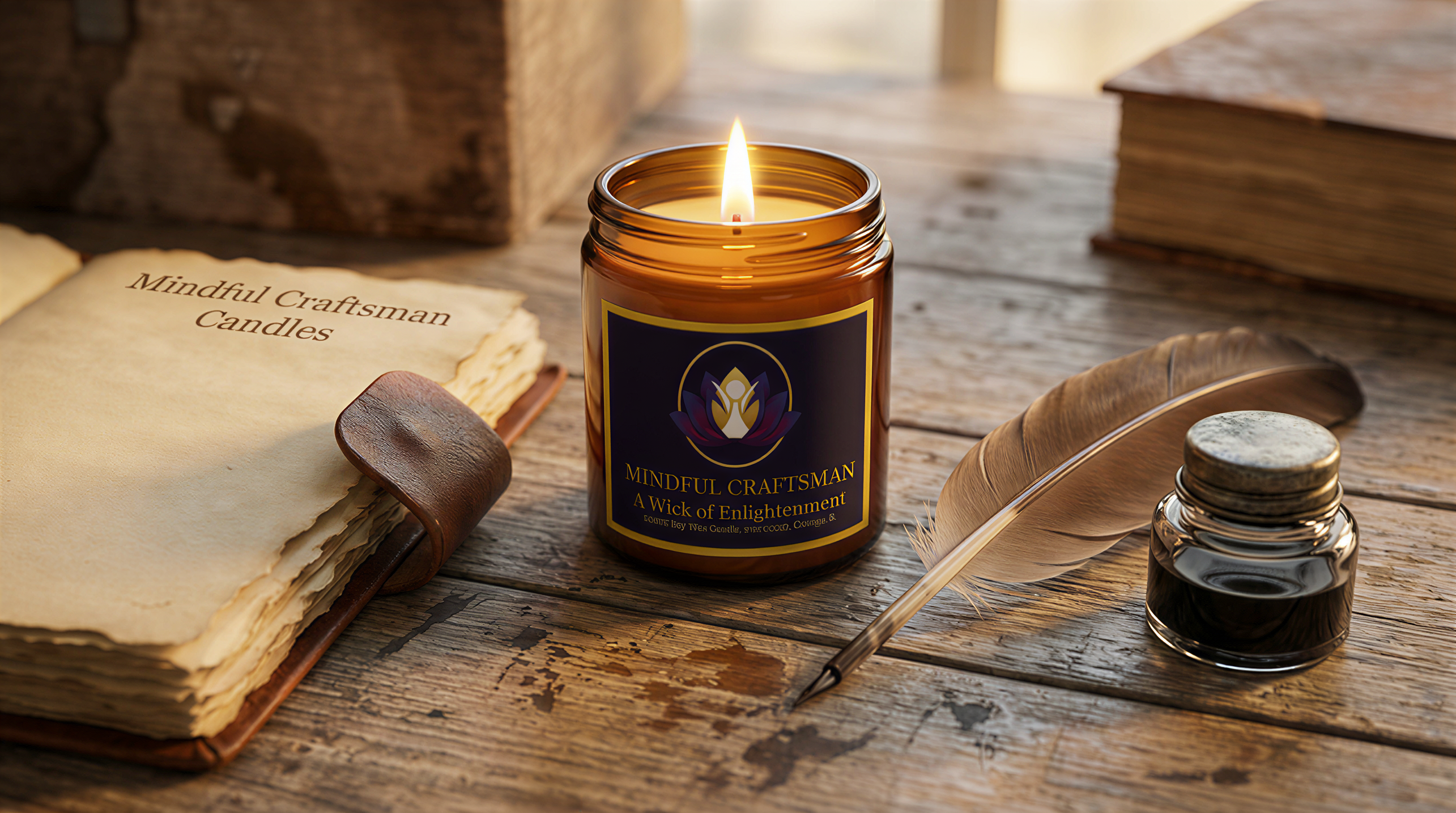 For your contact page image featuring the quill and parchment, an excellent, SEO-optimized alt-text would be:

"A lit Mindful Craftsman 'Wick of Enlightenment' candle on a rustic wooden desk next to a quill pen, inkwell, and open parchment, representing a high-performance ritual workspace.