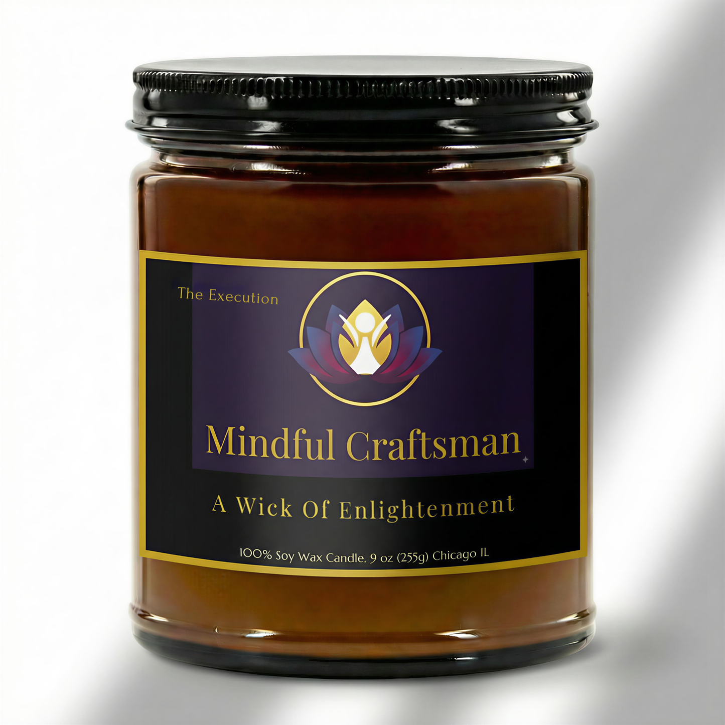 A premium 9oz hand-poured candle in an amber jar, displaying the Mindful Craftsman logo and 'The Execution' scent name in elegant gold text.