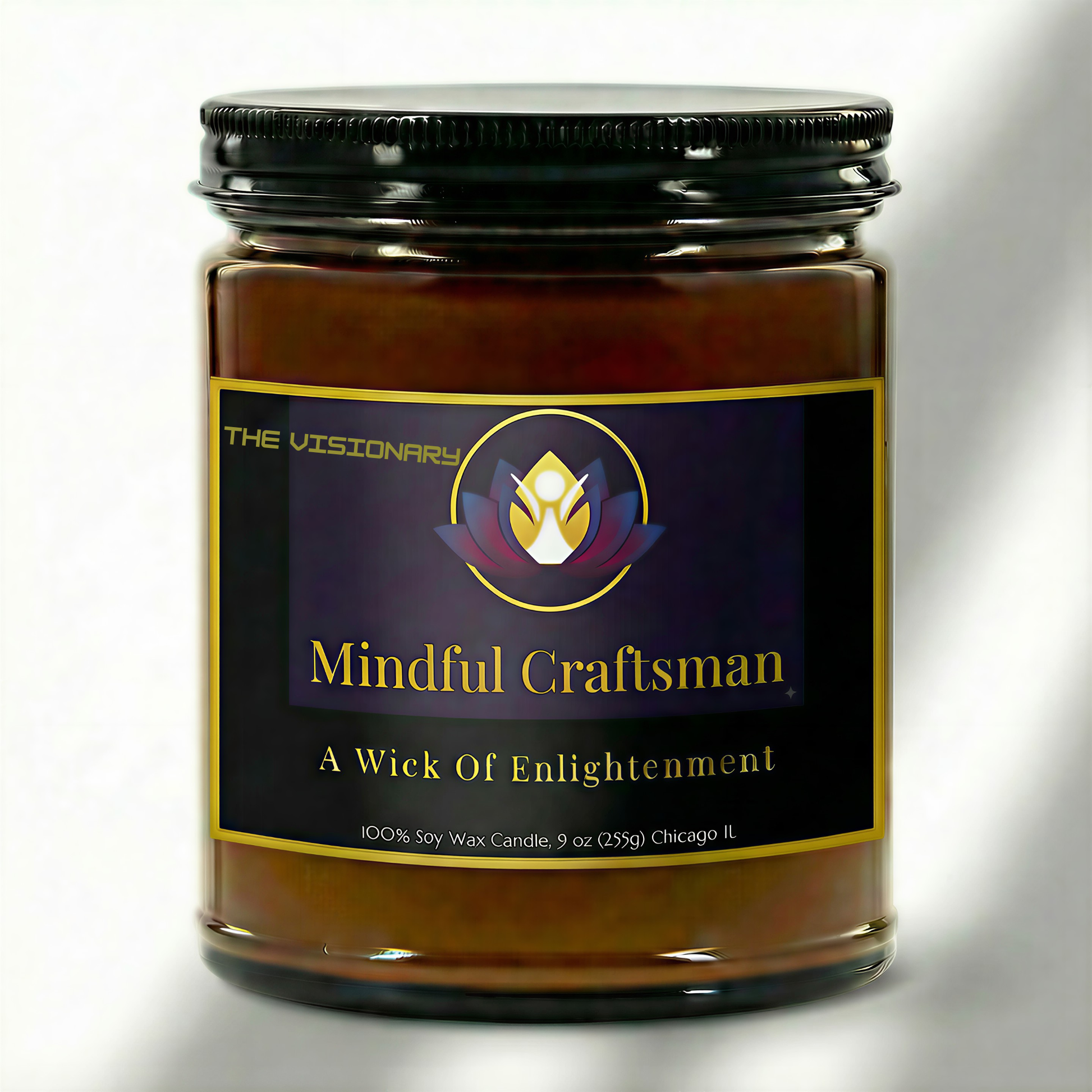 Amber glass candle jar with a black lid, featuring a dark purple and gold Mindful Craftsman label with 'The Visionary' printed in the top-left corner.