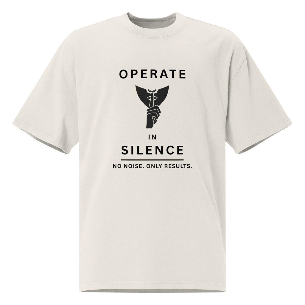 Front view of men's oversized off-white graphic t-shirt featuring 'Operate in Silence' print.