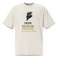 Front studio view of the faded bone oversized t-shirt featuring the "IRON DISCIPLINE - THE CHAIN THAT SETS YOU FREE" chain graphic print.
