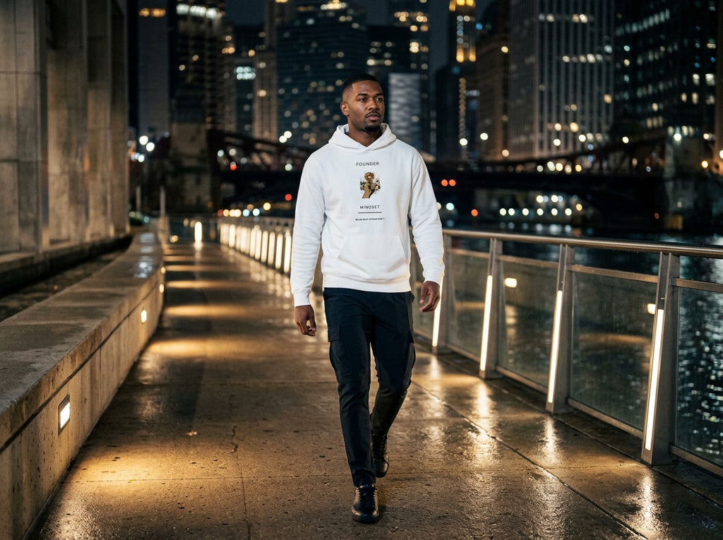 A man in a white "Founder Mindset" graphic hoodie walking along an illuminated city waterfront walkway at night.