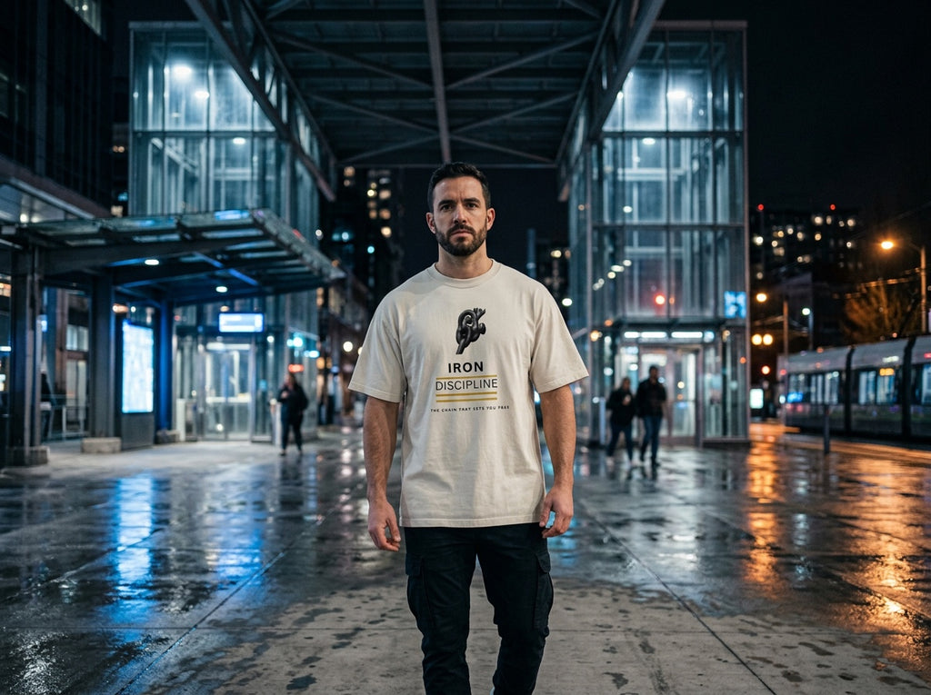 Man wearing the off-white "Iron Discipline" oversized t-shirt standing on a wet urban street at night with city lights reflecting on the pavement.