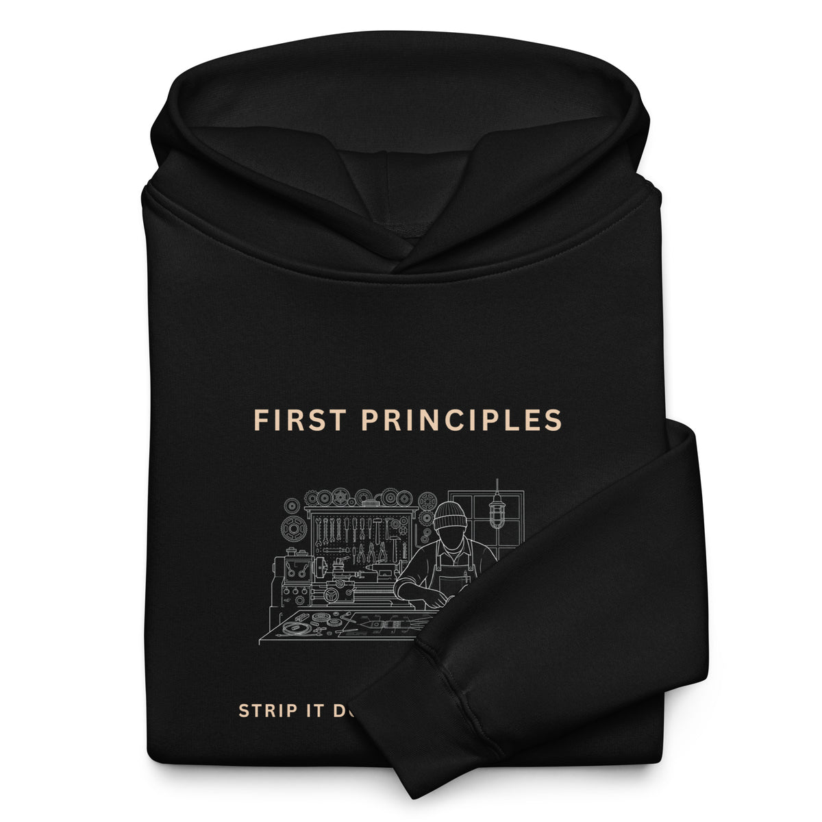 Neatly folded black First Principles Heavyweight Hoodie showing the front chest graphic art print.