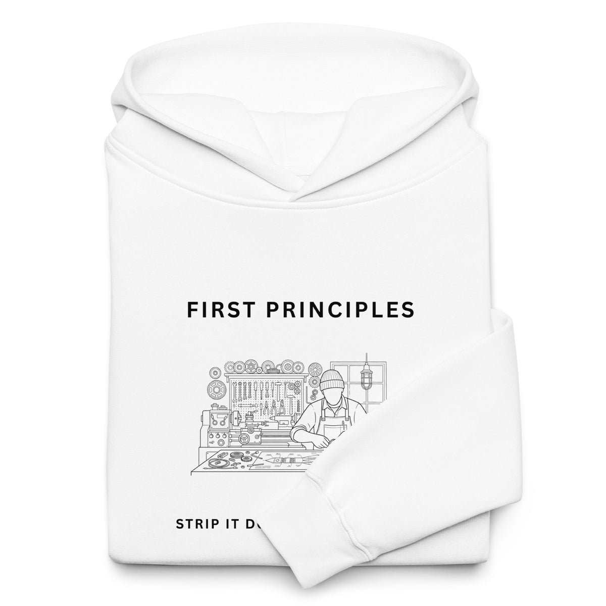 Neatly folded white First Principles Heavyweight Hoodie showing the front chest graphic art print.